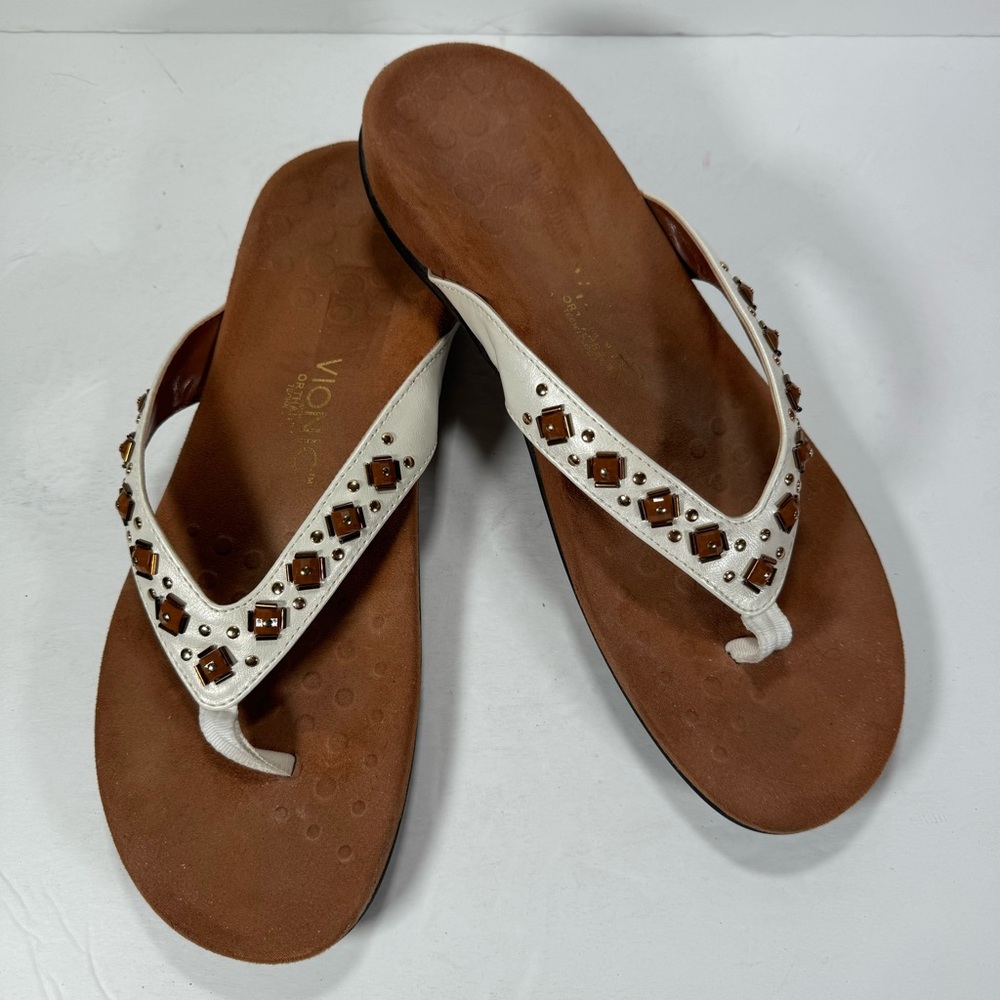 Vionic Floriana White Beaded Thong Comfort Flip Flop Sandals Women Size 12